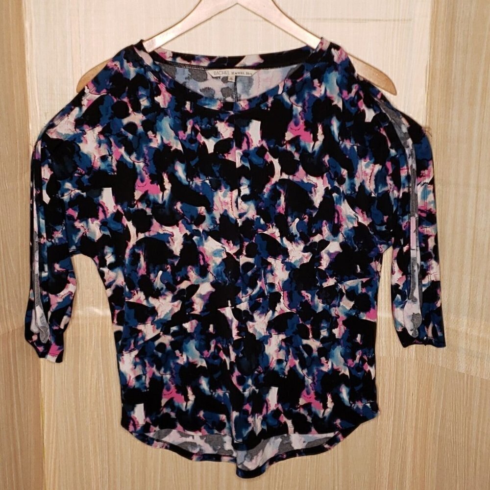 Rachel Rachel Roy Womens Black Watercolor Stretchy Open Shoulder Top Medium